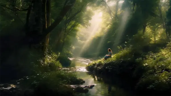 a girl sat peacefully next to the river observing her thoughts