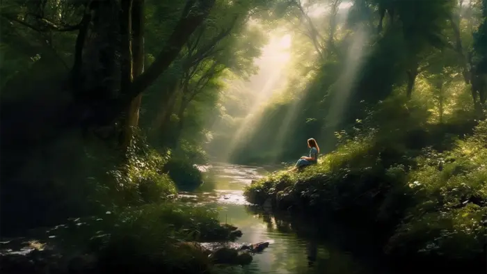 a girl sat peacefully next to the river observing her thoughts