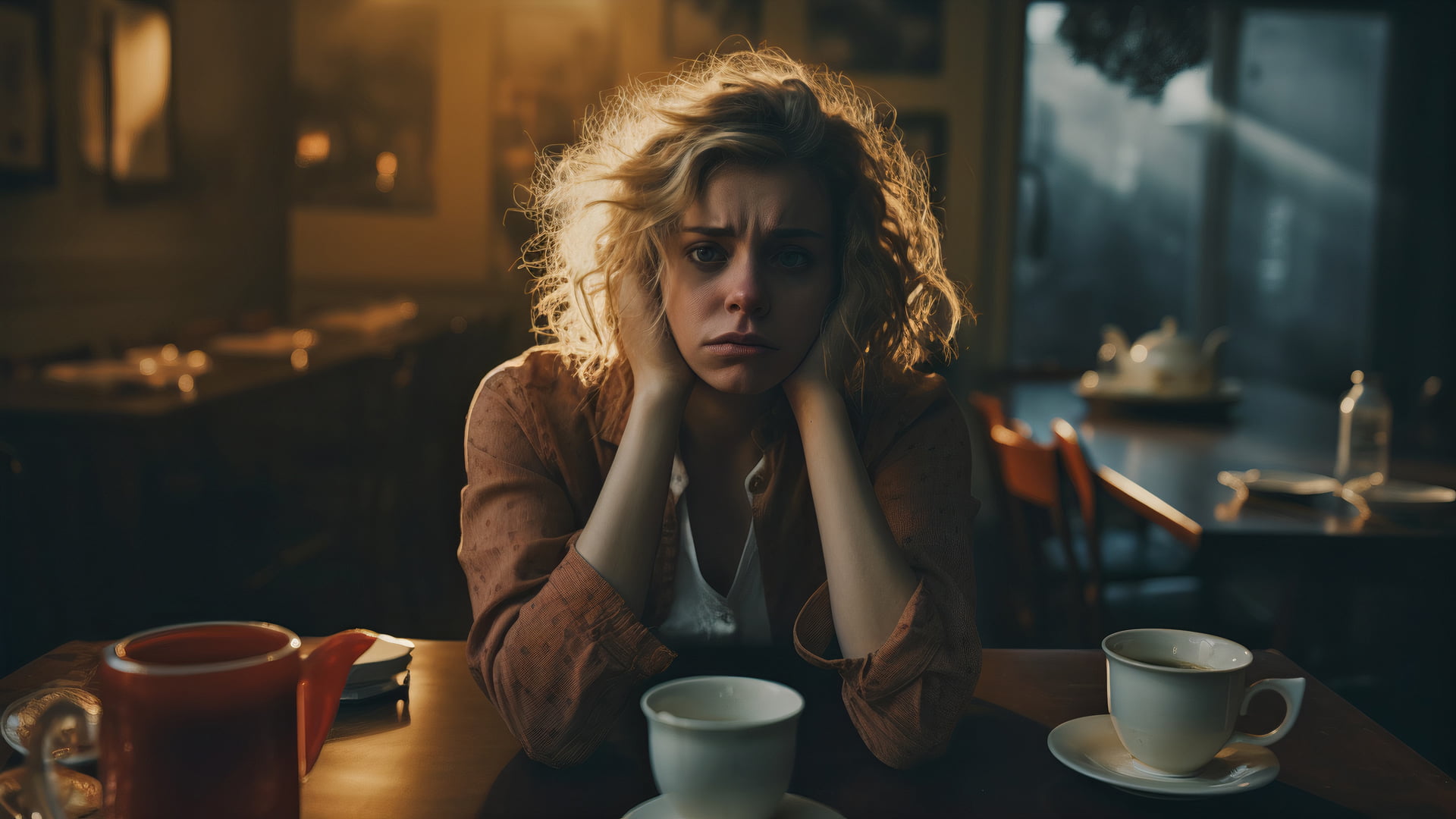 A woman leaning on her elbows tired lining up more coffees