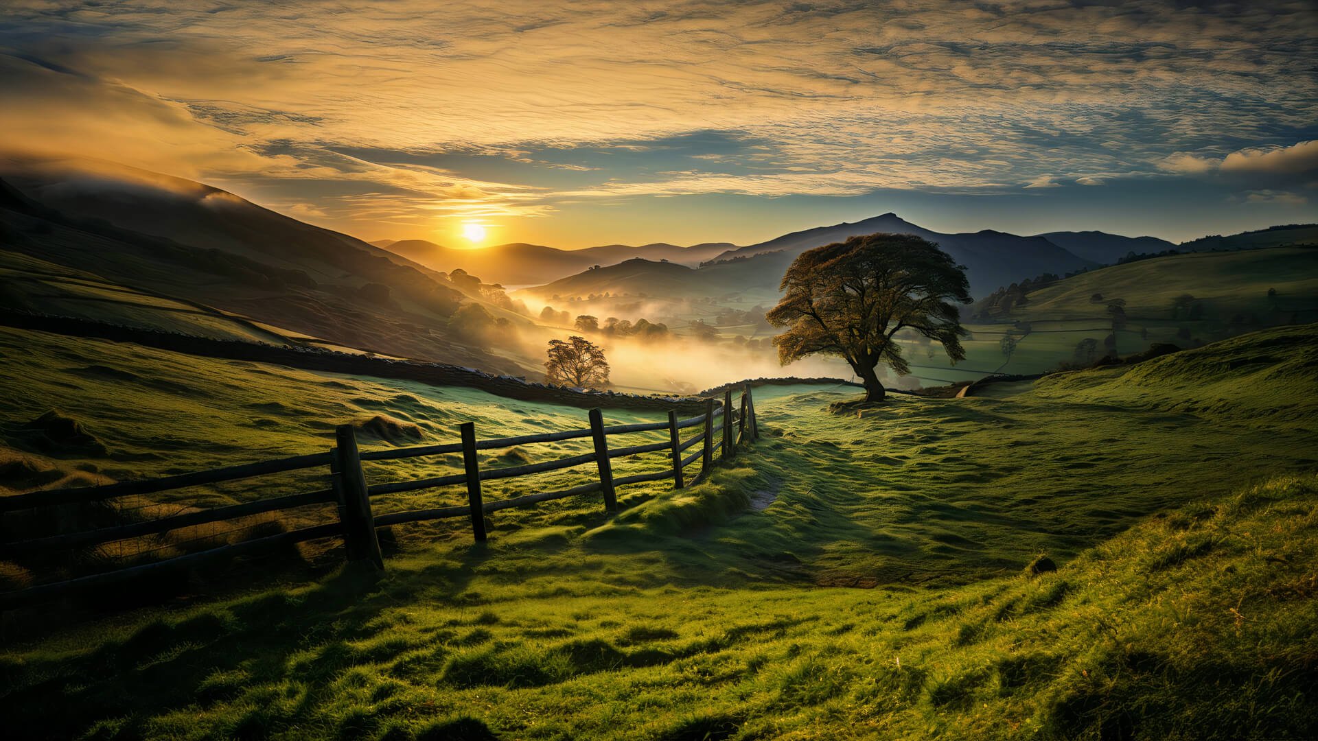 Morning meditation practice countryside hills tree fence and a sunrise