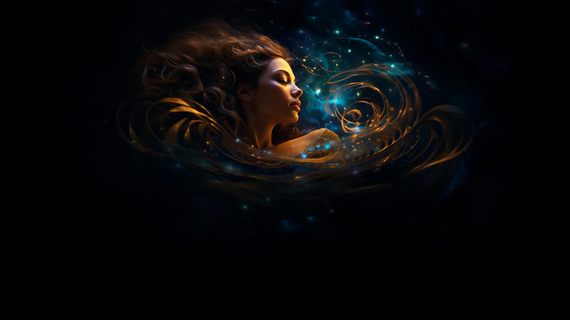 A woman sleeping with golden threads all around her guided meditation for sleep to show off the quote