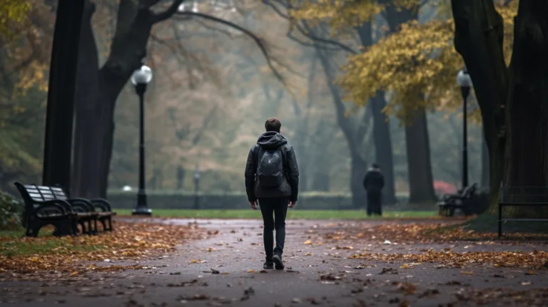 A person walking away in a busy park with a backpack going through a difficult time